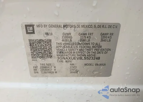 2020 Chevrolet Equinox Awd Lt 1.5L Turbo из США, поврежденный, VIN 3GNAXUEV8LS523248